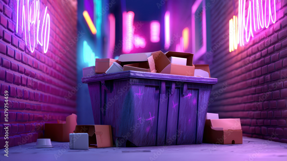 Poster garbage overflowing from large bin in narrow alley with colorful neon lights showing passage of time