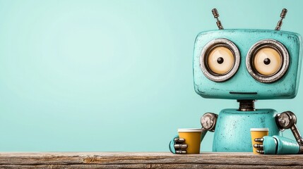Retro Teal Robot with Coffee Cups on Wooden Table