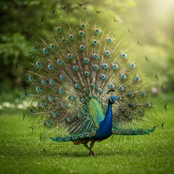 Rangin mor apne khule paron ke saath sabz ghaas mein dance karta hua khoobsurat nazara paida kar raha hai.