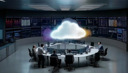 Round Table Meeting Room with Business People Discussing Around Large Digital Cloud Projection
