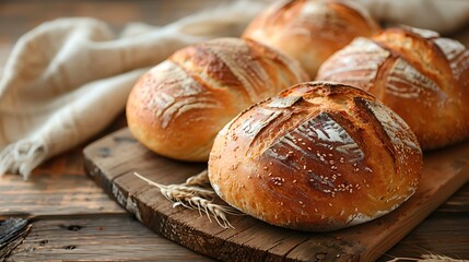Fototapeta premium Artisan sourdough bread loaves on rustic wooden board, perfect for bakery or food blog
