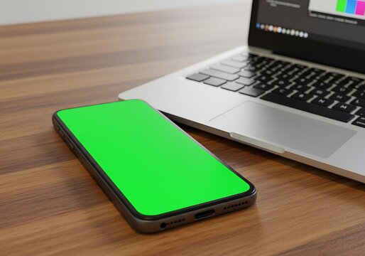 Green Screen Mobile Mockup: Laptop & Wood Desk - Powered by Adobe