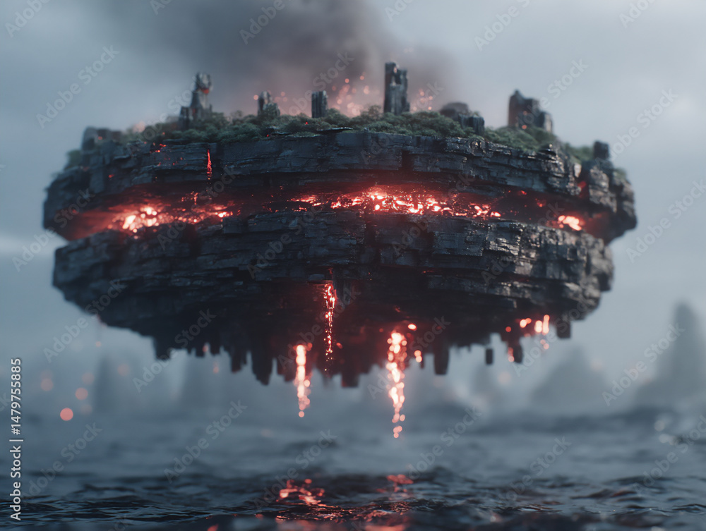 Poster a 3d rendering of a floating island made of dark rock with fiery red lava flowing across its surface