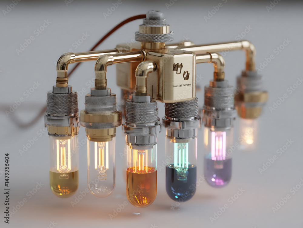 Poster a photograph of multiple smart bulbs arranged in a geometric pattern, each emitting a different colo