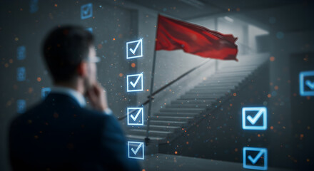A businessman contemplates a checklist and a red flag atop a staircase symbolizing achievement goals success planning strategy ambition future vision and progress in business.