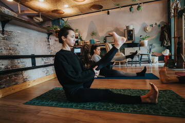 A group of women performing yoga exercises on mats inside a modern studio space. The setting emphasizes relaxation, mindfulness, and physical fitness in a warm and inviting environment.