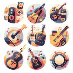 Vibrant Music Icons Guitars, Banjos, and More in a Colorful, Stylized Design