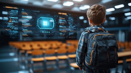 Young student interacts with advanced technology in a modern classroom setting during evening study session