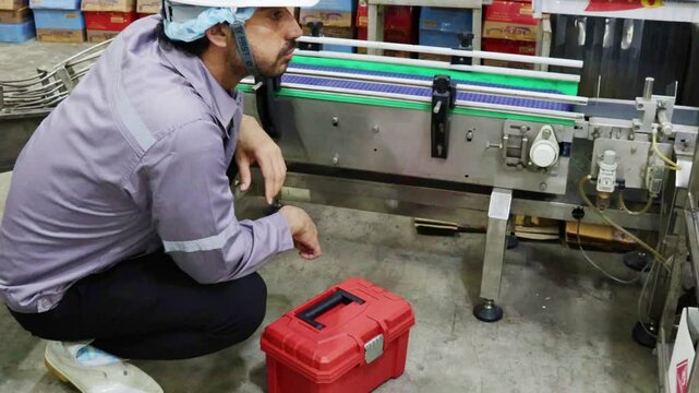Male technician engineering department with tool box inspects the operation machinery and conveyor belt during transport canned fish into boxes in the packing room of canned fish factory.