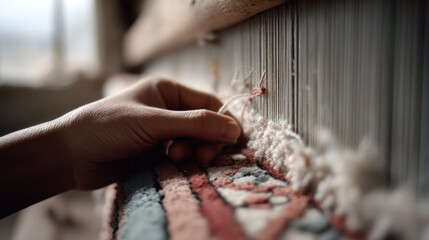 A skilled hand weaving a rug, highlighting the intricate texture and dedication of artisanal craft.