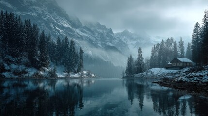 Serene Winter Wonderland: Mountain Lake Cabin Serenity