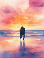 Fototapeta premium Romantic couple silhouette at sunset on a watercolor beach.