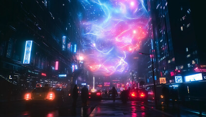 Obraz premium Cyberpunk Urban Street with Neon Signs and Luminous Blue and Pink Energy Cloud in Sky 