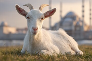 Fototapeta premium White goat rests in a grassy field, mosques in the background.