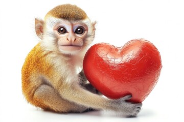 Pretty cute monkey and red heart with copy space