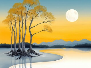 Serene River Landscape at Sunset with Golden Trees and Full Moon