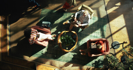 Above, airport lounge and business people with luggage, break and waiting for flight. Passport,...