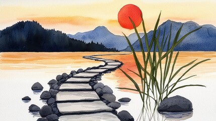 Serene Sunset Landscape Painting Stone Path to Orange Sun