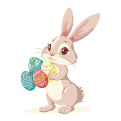 Vector cute rabbit holding easter eggs