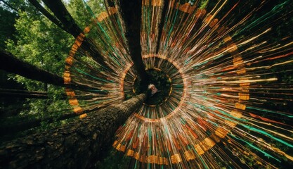 Long-exposure visual effect with radiant light trails circling upward from the forest floor around tree trunks creating a vibrant abstract motion in nature