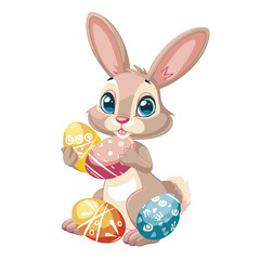 Vector cute rabbit holding easter eggs