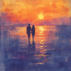 Fototapeta premium Couple walking on beach at sunset, watercolor painting.