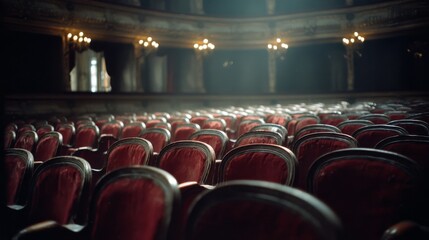 An elegant, empty theater with red velvet chairs basks in soft illumination, evoking nostalgia and anticipation.