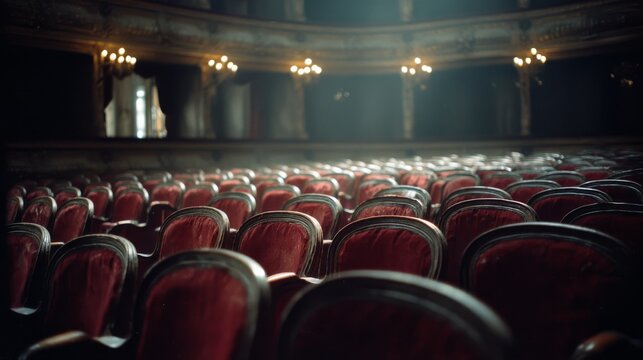 An elegant, empty theater with red velvet chairs basks in soft illumination, evoking nostalgia and anticipation.