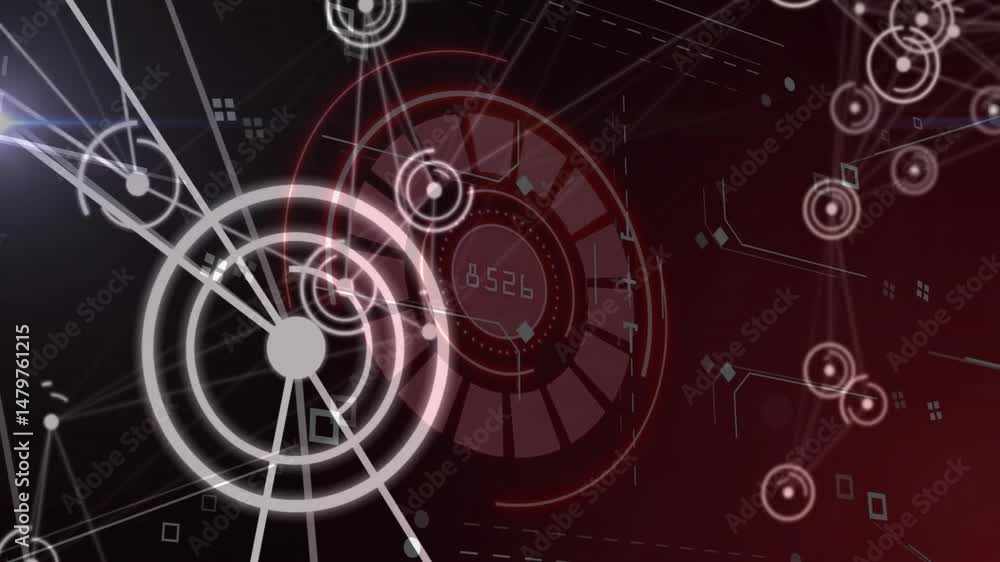 Poster digital hud graphic showing red and white concentric rings with numeric display and network nodes