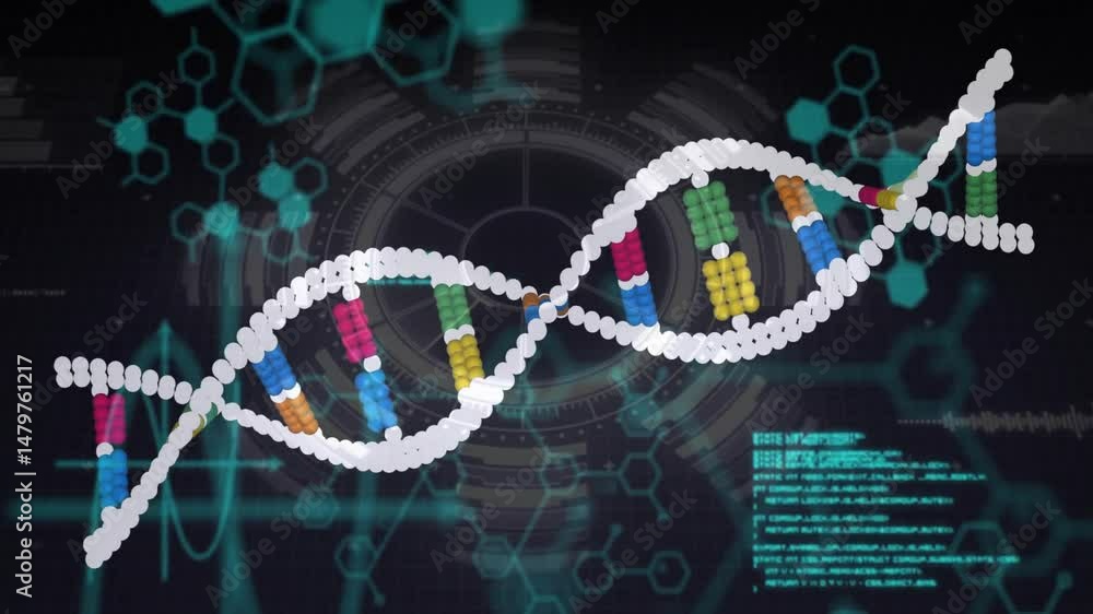 Poster dna double helix rotating within grid overlay, displaying colored nucleotide pairs and hud icons