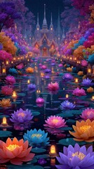 Obraz premium Enchanting Night Scene Colorful Lotus Flowers and Illuminated Temple