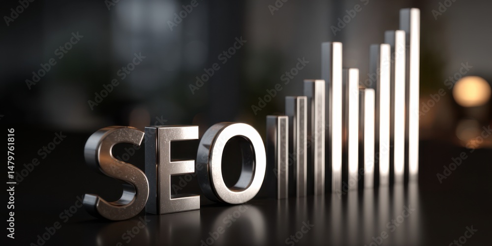 Poster seo growth with metallic letters and bar graph representation in a modern office setting during even