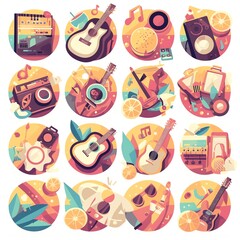 Vibrant Summer Music Icons Guitars, Records, and Citrus Fruits Celebrate Sunny Melodies