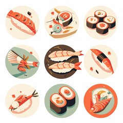 Naklejka premium Delicious Sushi and Sashimi Icons A Vibrant Collection of Japanese Cuisine Illustrations