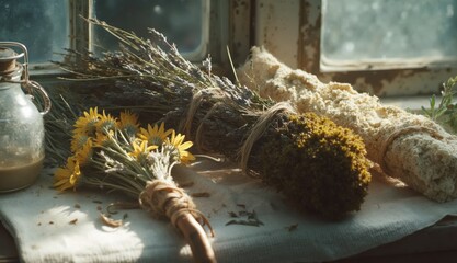 A cozy rustic scene showing tied bundles of dried lavender, daisies, moss, and loofah resting on a windowsill with sunlight streaming through aged glass.