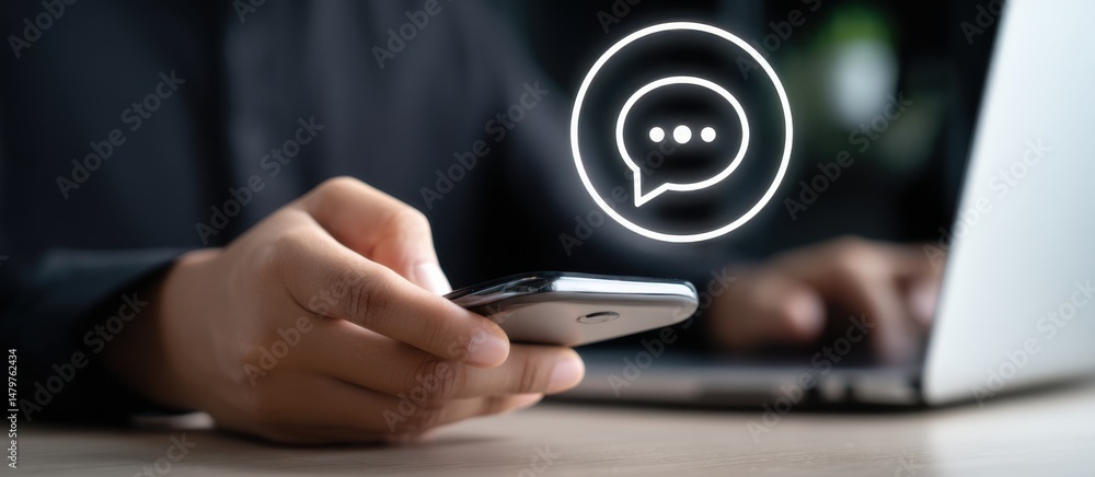 Poster engaging in digital conversation with smartphone while working on laptop in modern workspace setting