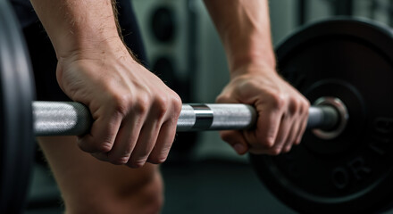 Close-up of hands gripping barbell during weightlifting workout in gym. Strong grip showing muscle tension and effort for strength training programs and fitness motivation content