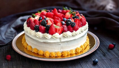 Pastel festivo con crema y frutos rojos. Dulces y postres.