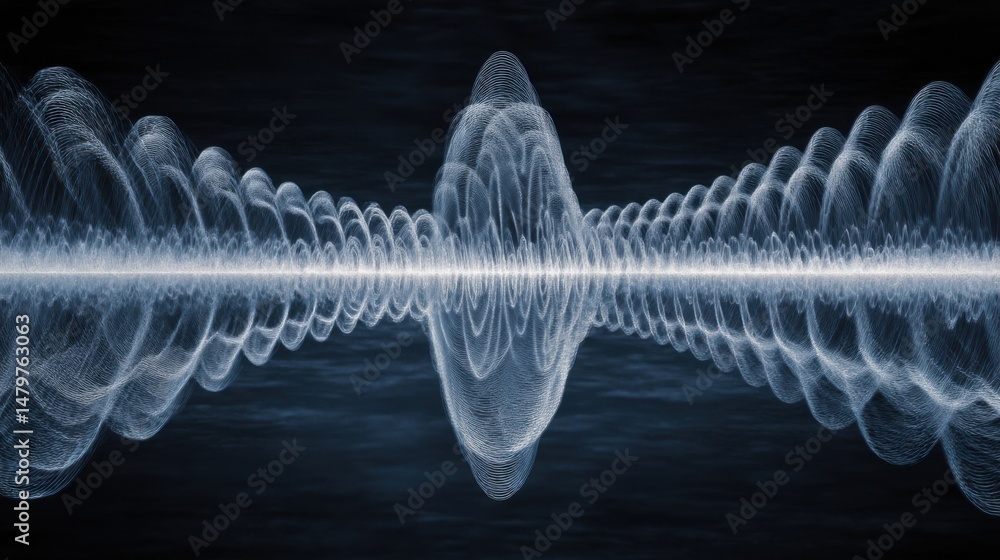 Poster abstract sound wave visualization with reflection on dark background studio shot for science and tec
