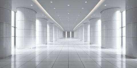 Obraz premium Modern corridor featuring white columns and polished floor in a spacious interior environment