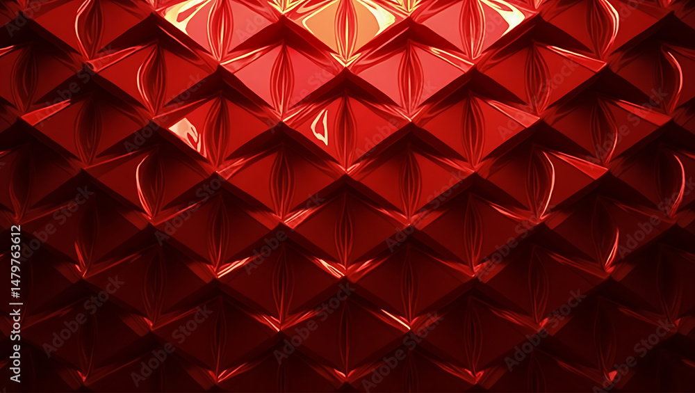 Poster abstract geometric pattern with red shiny rhombus shapes and light reflections
