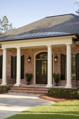 Obraz premium Elegant Brick Home Exterior with Columns and Shutters Daytime Shot in Suburban Neighborhood