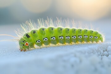 Fototapeta premium Green caterpillar with spots and fine hairs, front lifted mid-motion, curved body with soft trail and gentle natural shadow