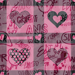 Girls seamless pattern with calligraphic slogan, hearts, words  . background for texylie, graphic tees, kids wear. Wallpaper for teenager girls. Fashion style