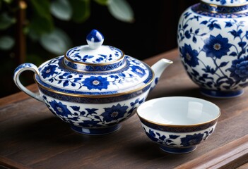 A teapot and a cup were placed on the table