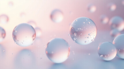 Close-Up of Ethereal Transparent Spheres Floating in a Soft Gradient Space – Microphotography of Light Refractions and Surface Details
