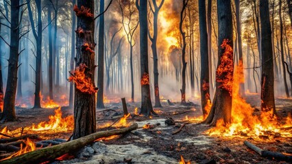 Flames engulfing a charred forest landscape with twisted tree trunks and ashen leaves