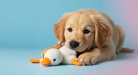 Golden retriever puppy holding plush duck toy against blue background. Sweet companion animal for pet adoption services and pet accessories marketing