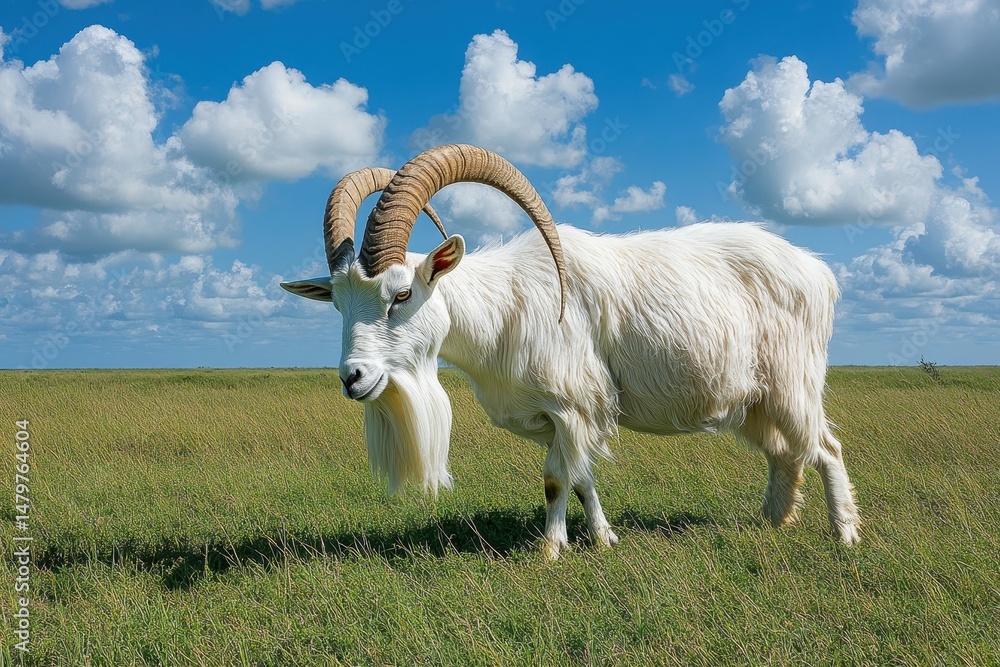 Poster a large white goat with impressive horns grazes in a grassy field. use this powerful image for proje