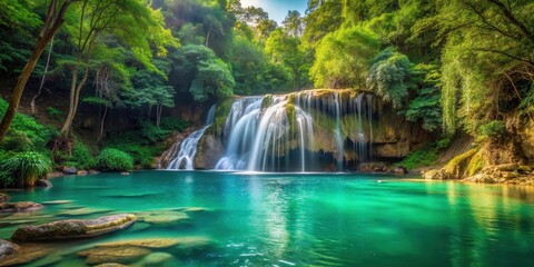 Gentle Waterfall Cascading Into Emerald Green Pool